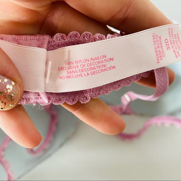 NEW VS VICTORIAS SECRET Blue Mesh Lavender Floral Ruffle Padded Demi Bra 32D - Picture 5 of 8